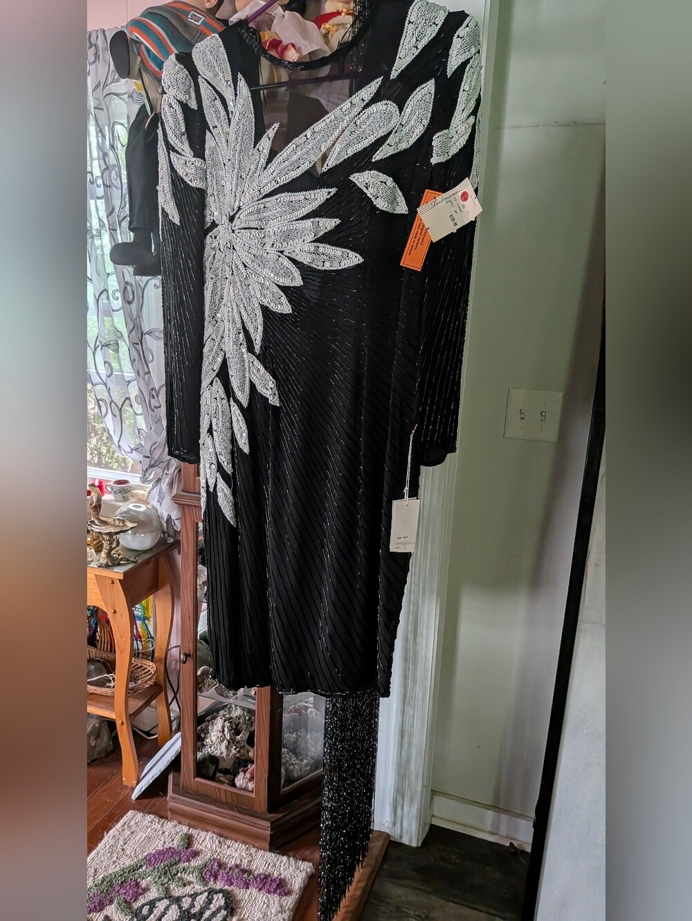 Black Long-Sleeve Dress with Silver Beaded Floral Accent